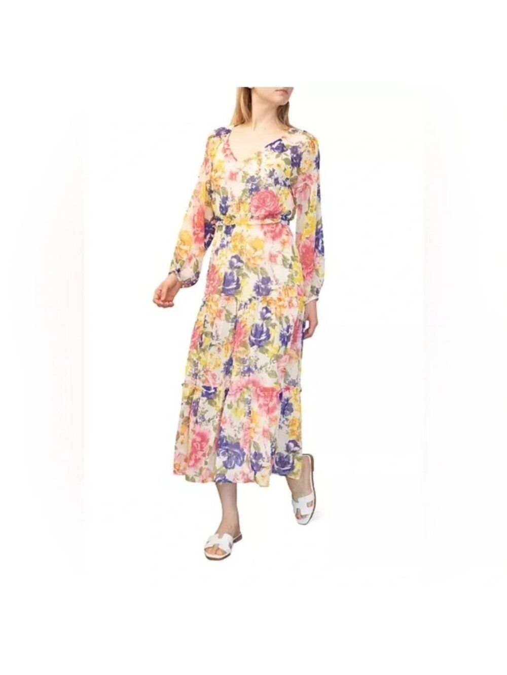 Dylan Ryan Yellow Floral V-Neck Balloon Sleeve Tiered Ruffle Dress Size XL